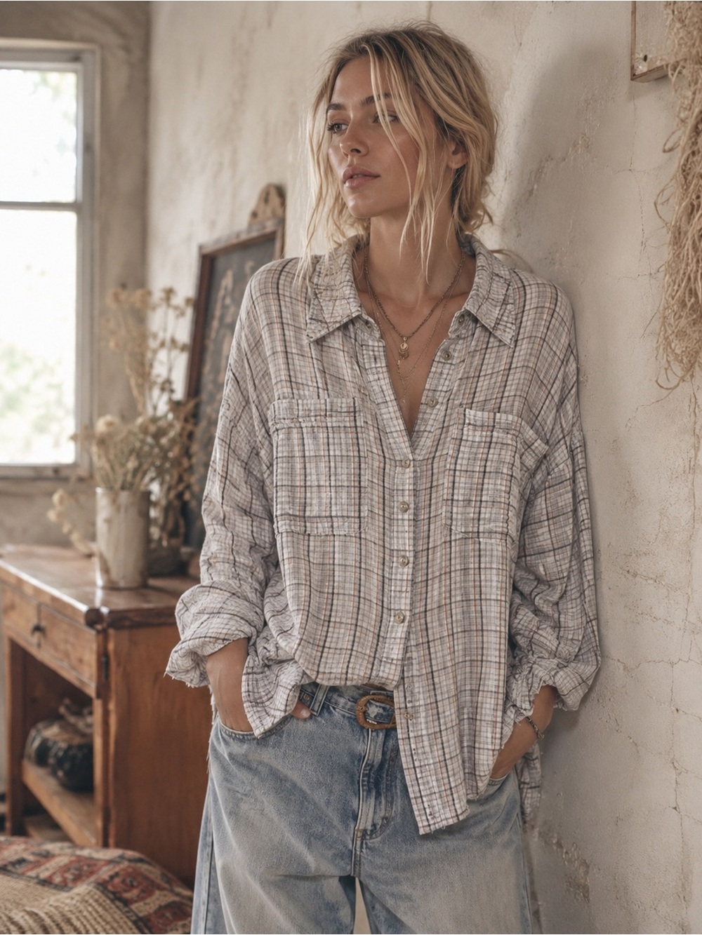 173🌟 We The Free Free People Plaid Gauze Button-Up Shirt Oversized Boho Cottagec